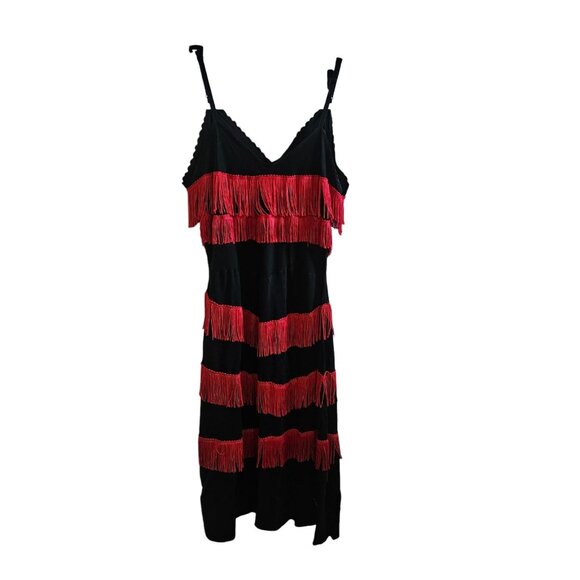VTG 1950s Black Flapper Slip dress Red Fringe Mod Cosplay Knee Length Sz XS / S - Picture 3 of 10